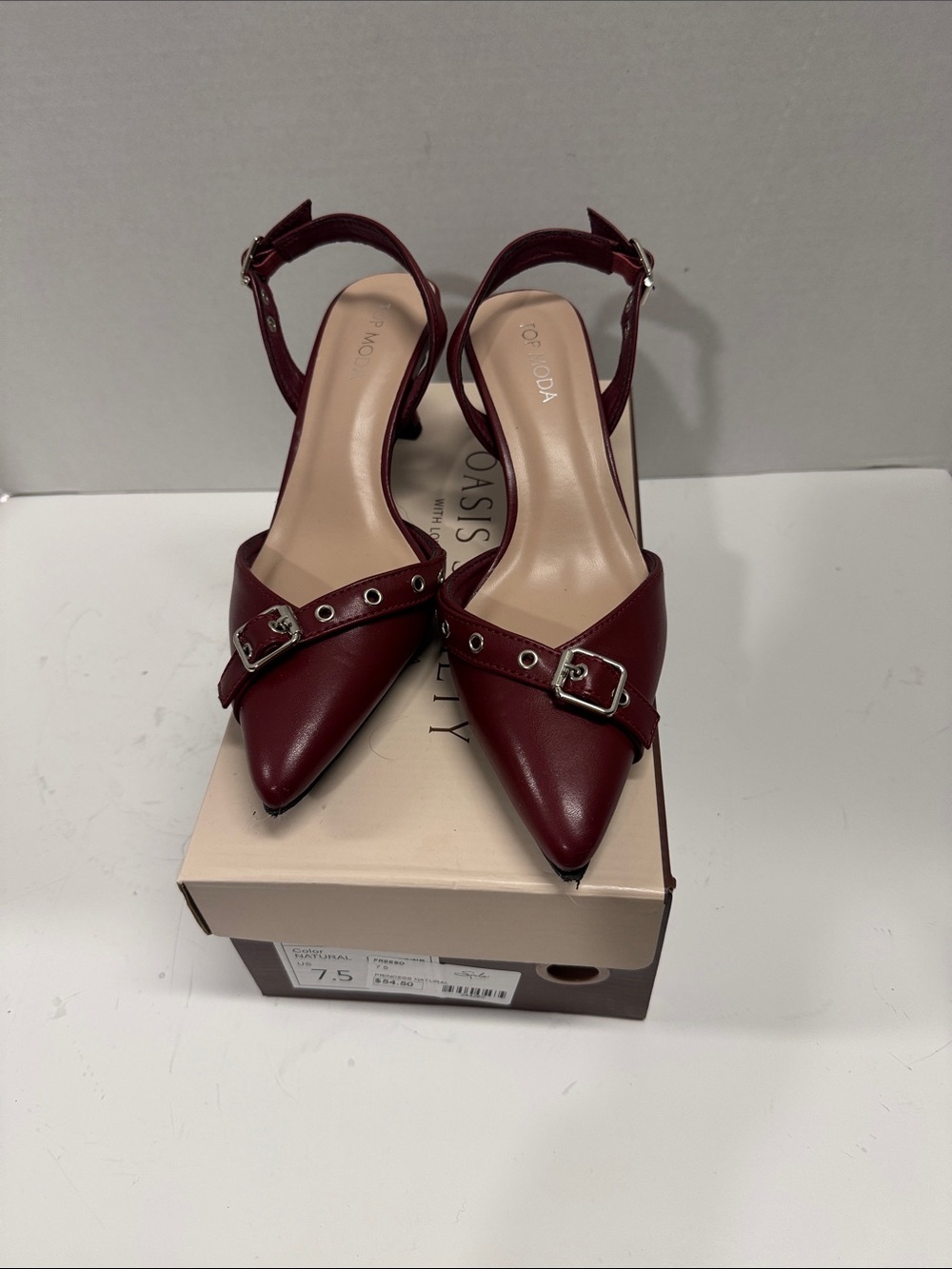 Jor Moda Burgundy Pointed-Toe Slingback Heels with Buckle Detail